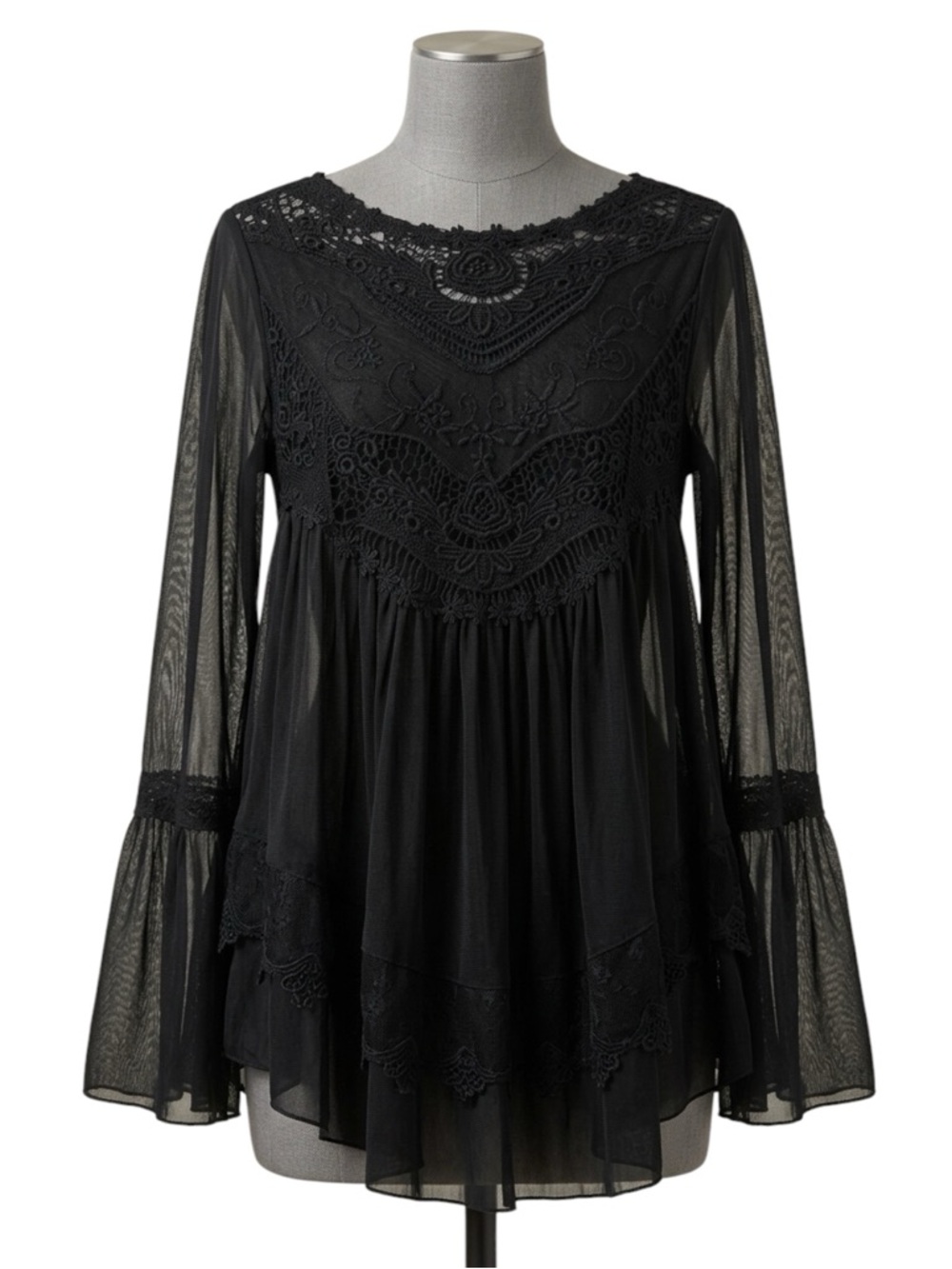 Altard State Black Boho Crochet Lace Bell Sleeve Fairycore Tunic Blouse Size S - Picture 1 of 10